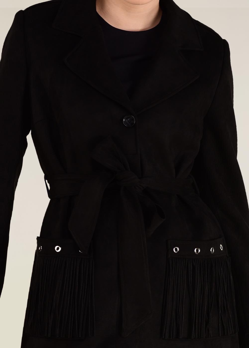 Tesettür giyim SİYAH CEPLERİ PÜSKÜL DETAYLI SÜET KABAN 9776 