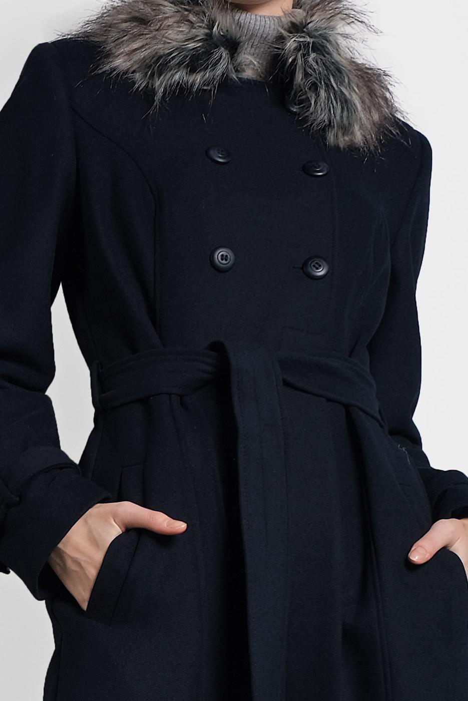 Tesettür giyim LACİVERT BELİ KUŞAKLI YAKASI KÜRKLÜ KAŞE KABAN 9783 