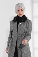 Tesettür giyim GRİ YAKASI KÜRKLÜ GİZLİ DÜĞMELİ KABAN 9790 
