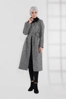 Tesettür giyim GRİ YAKASI KÜRKLÜ GİZLİ DÜĞMELİ KABAN 9790 