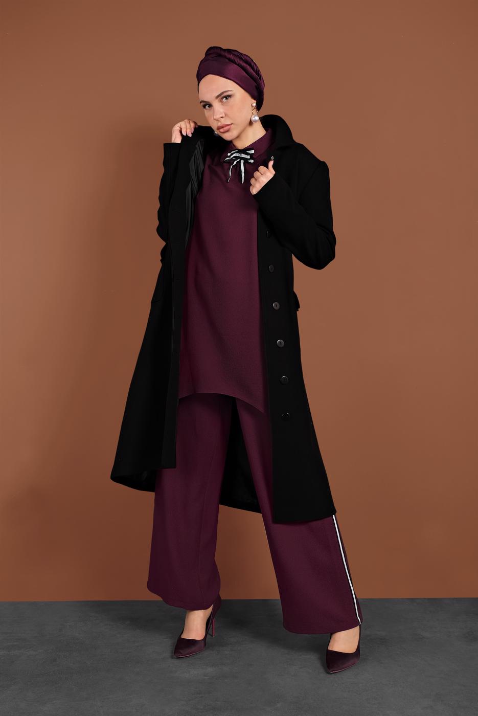 Tesettür giyim SİYAH GİZLİ DÜĞMELİ CEPLİ KABAN 9792 