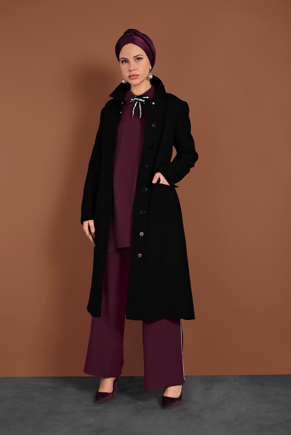 Tesettür giyim SİYAH GİZLİ DÜĞMELİ CEPLİ KABAN 9792 