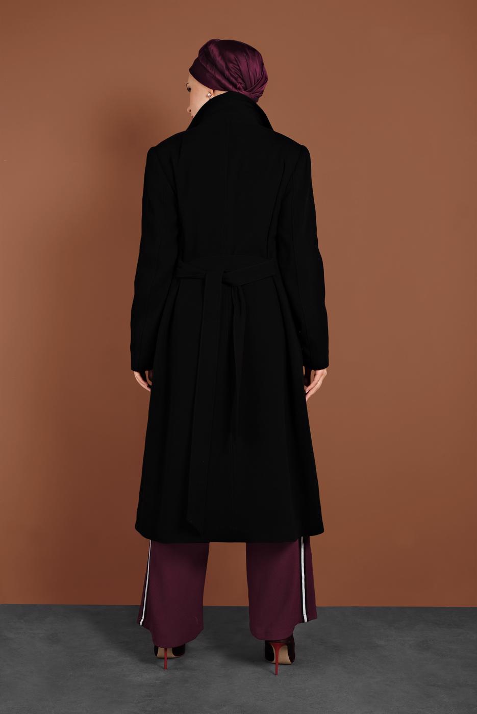 Tesettür giyim SİYAH GİZLİ DÜĞMELİ CEPLİ KABAN 9792 