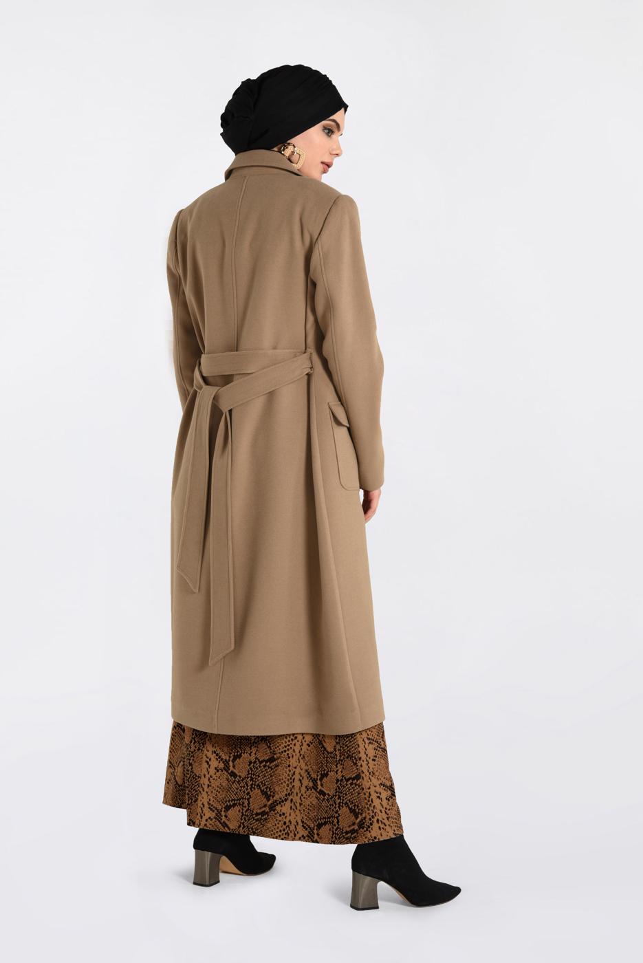 Tesettür giyim KAHVE GİZLİ DÜĞMELİ CEPLİ KABAN 9792 