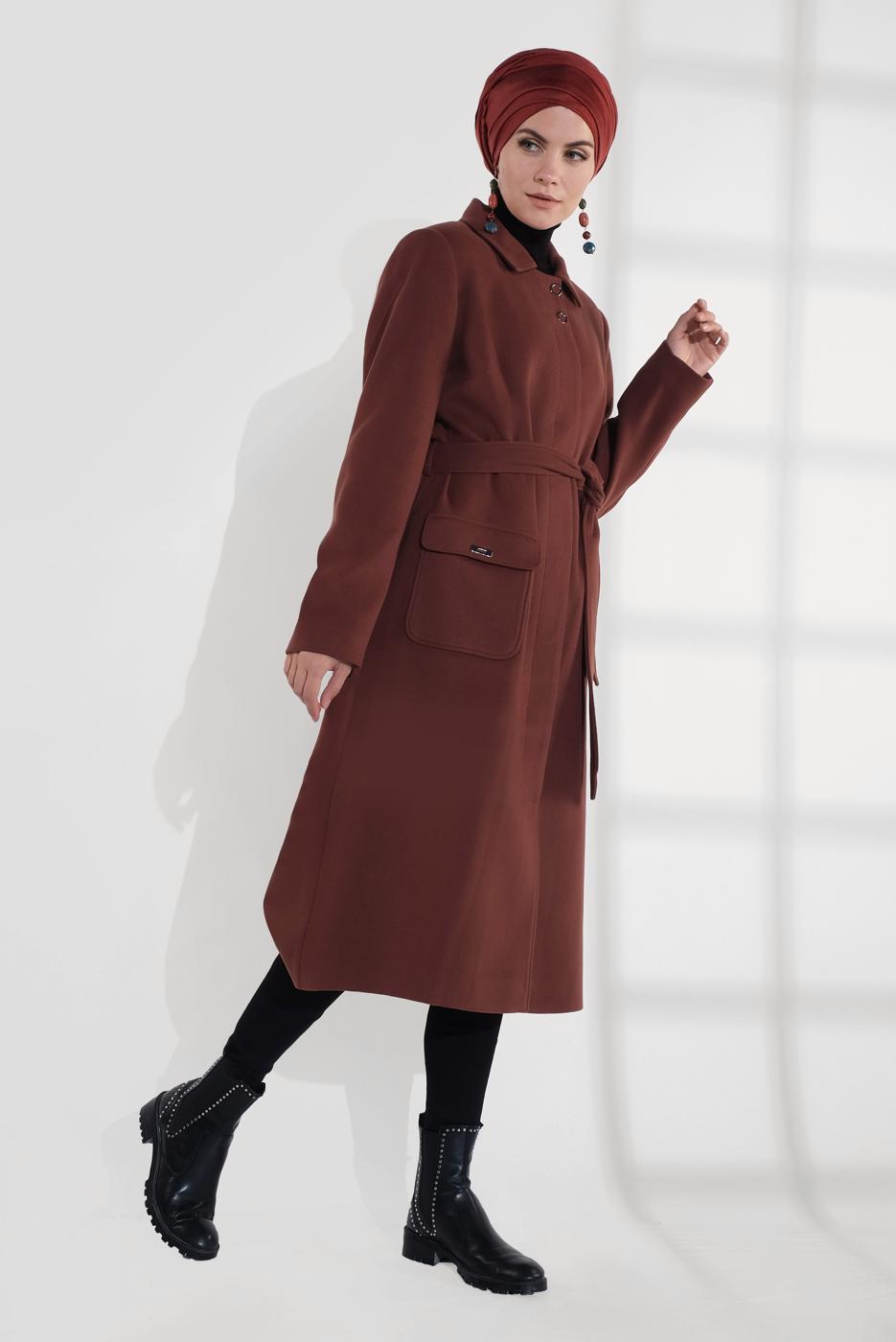 Tesettür giyim KAHVE GİZLİ DÜĞMELİ CEPLİ KABAN 9792 