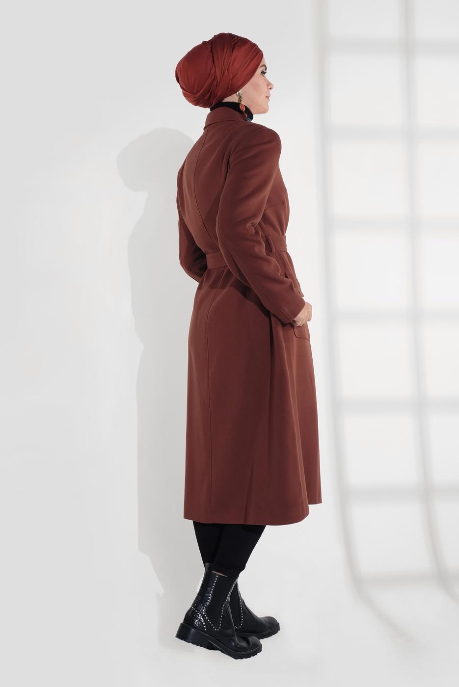 Tesettür giyim KAHVE GİZLİ DÜĞMELİ CEPLİ KABAN 9792 