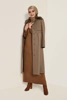 Tesettür giyim KAHVE YAKASI SUNİ KÜRK DETAYLI KABAN 9796 