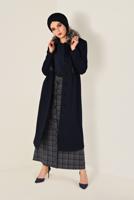 Tesettür giyim LACİVERT YAKASI SUNİ KÜRK DETAYLI KABAN 9796 
