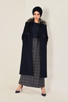 Tesettür giyim LACİVERT YAKASI SUNİ KÜRK DETAYLI KABAN 9796 