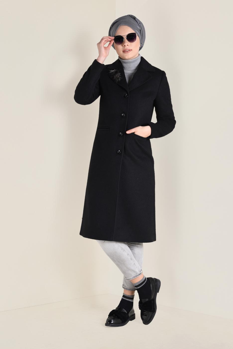 Tesettür giyim SİYAH ALVİNA DÜĞMELİ KAŞE KABAN 9802 