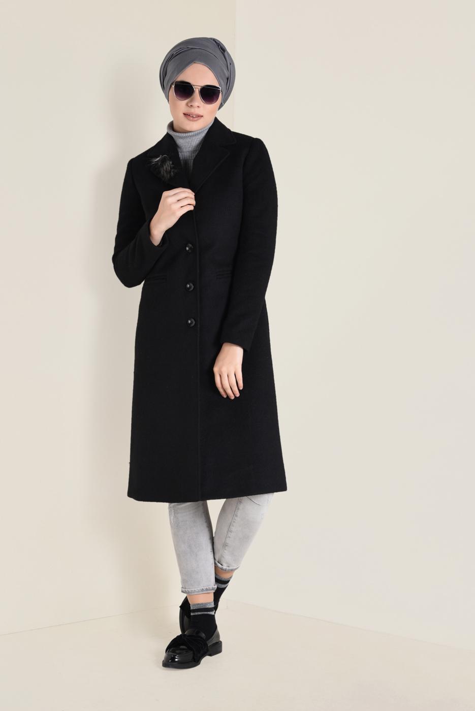 Tesettür giyim SİYAH ALVİNA DÜĞMELİ KAŞE KABAN 9802 