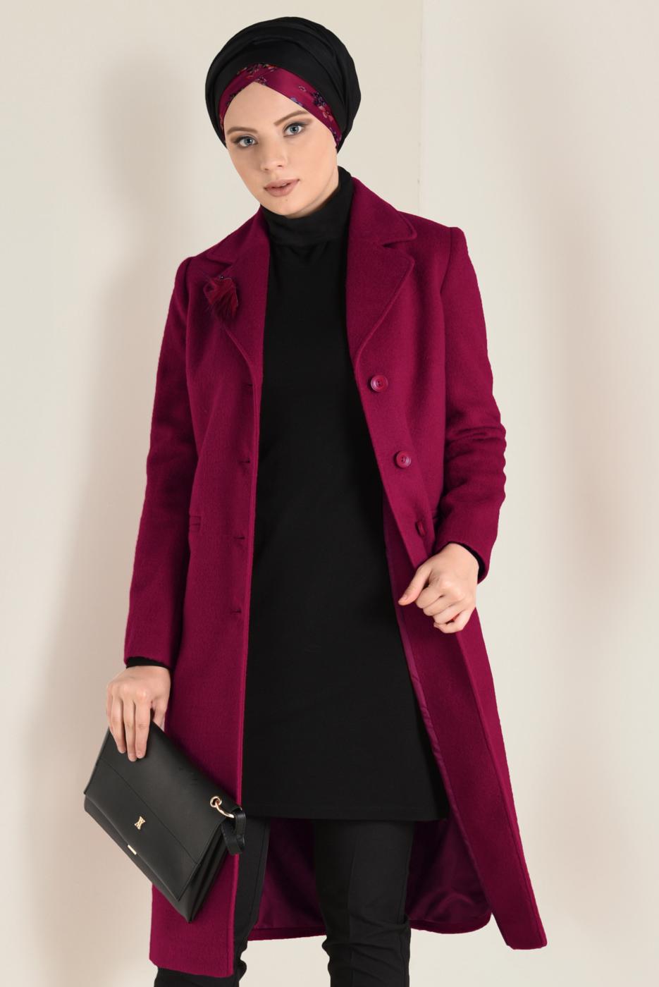 Tesettür giyim KIRMIZI ALVİNA DÜĞMELİ KAŞE KABAN 9802 