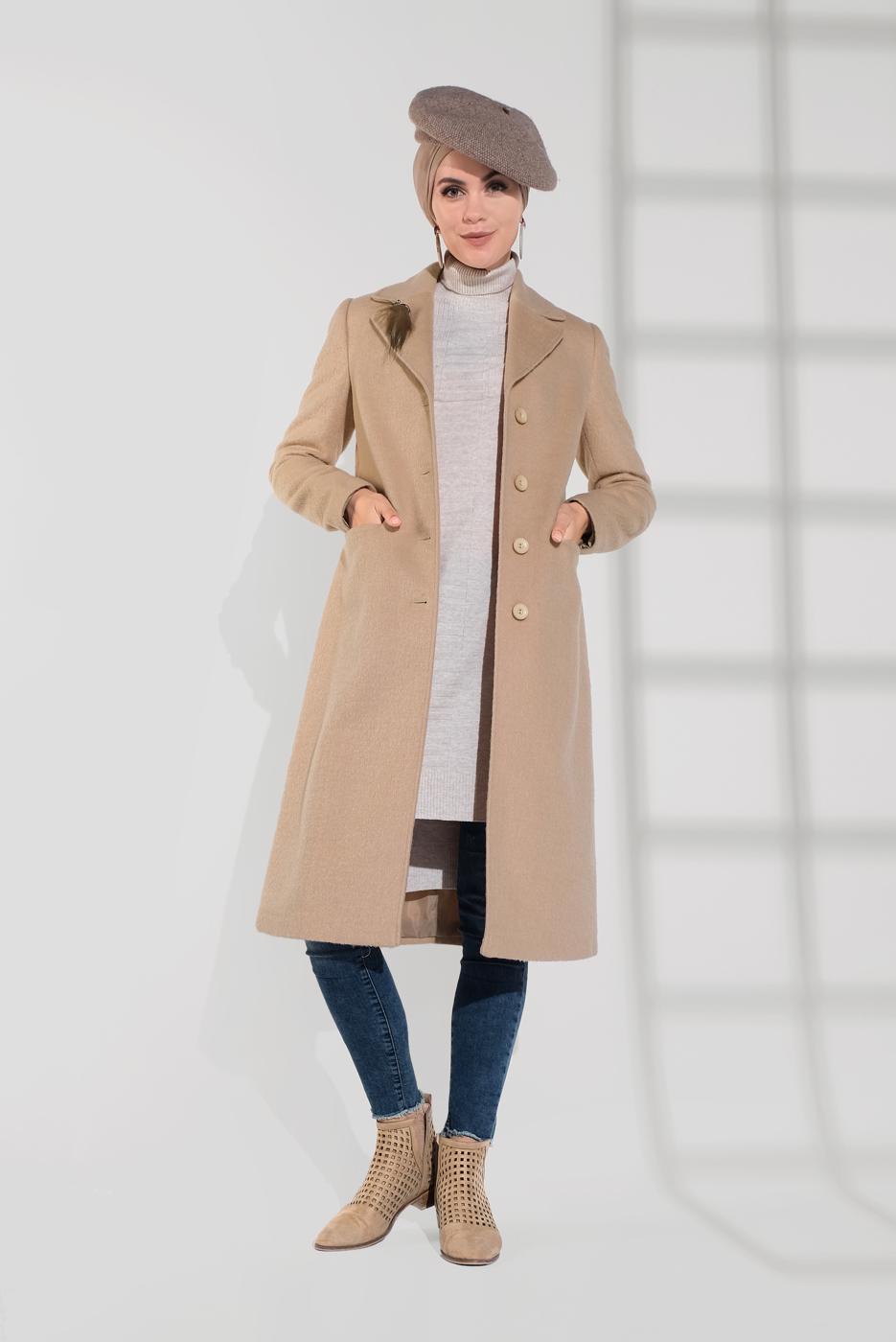 Tesettür giyim BEJ ALVİNA DÜĞMELİ KAŞE KABAN 9802 