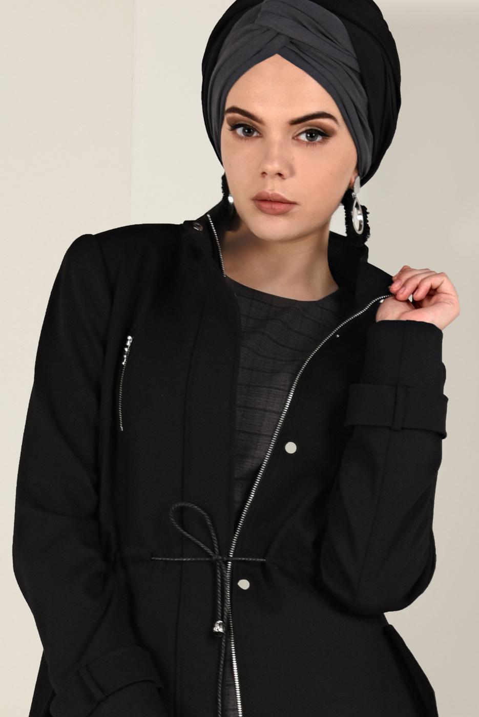 Tesettür giyim SİYAH FERMUARLI KAŞE KABAN 9812