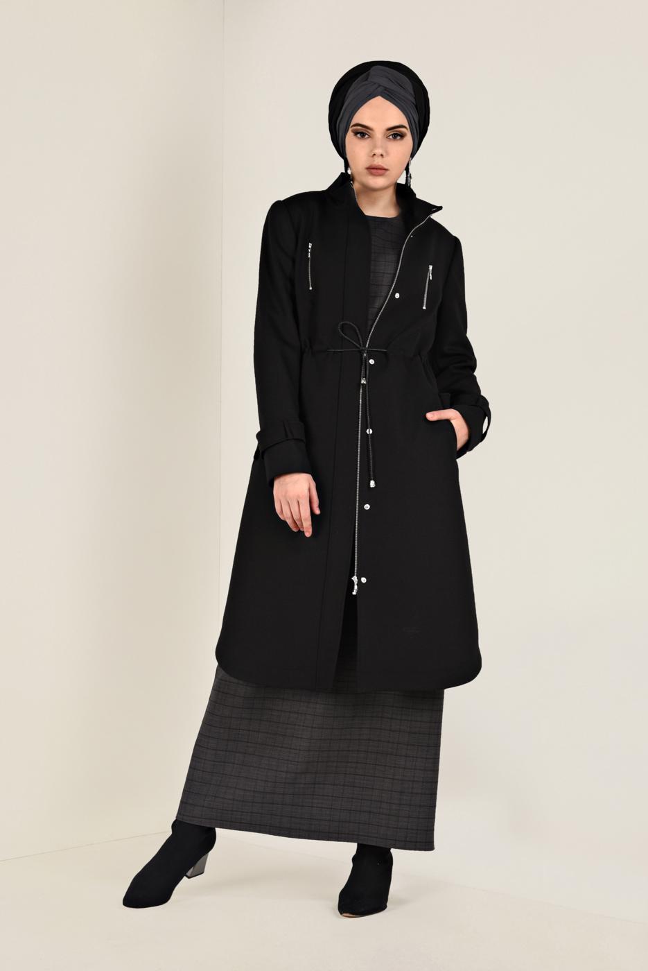 Tesettür giyim SİYAH FERMUARLI KAŞE KABAN 9812