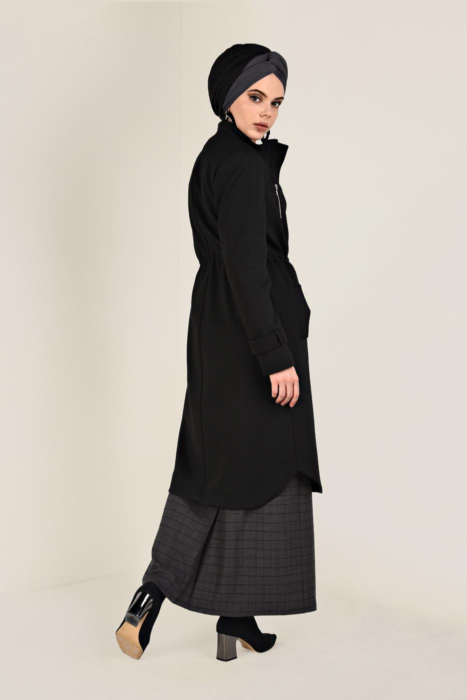 Tesettür giyim SİYAH FERMUARLI KAŞE KABAN 9812