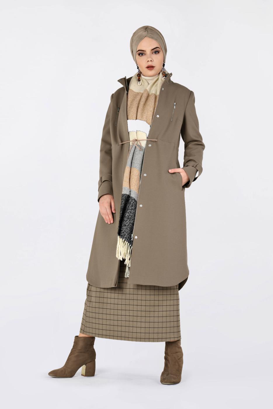 Tesettür giyim KAHVE FERMUARLI KAŞE KABAN 9812