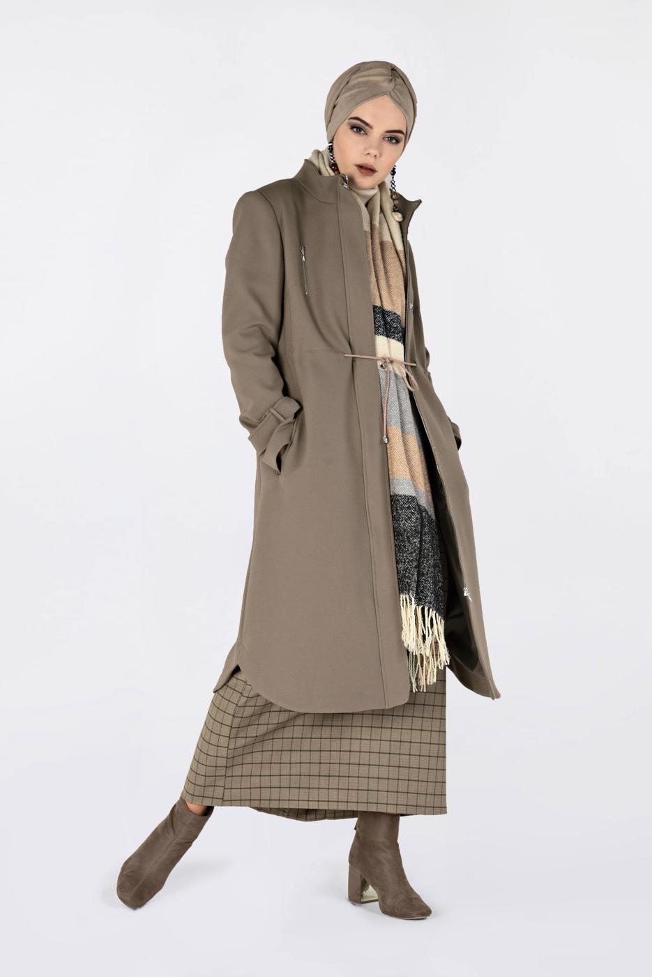Tesettür giyim KAHVE FERMUARLI KAŞE KABAN 9812