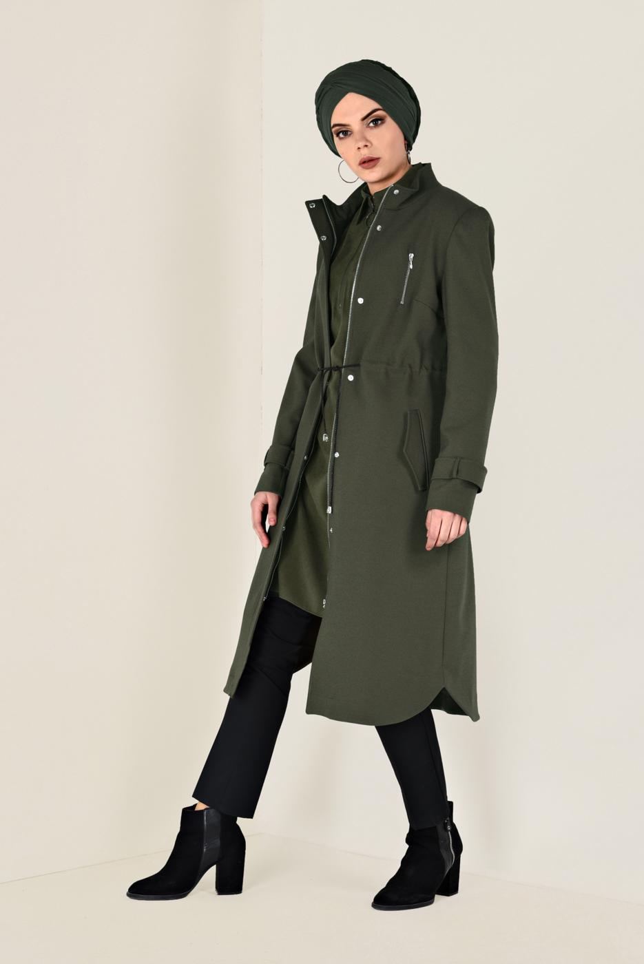 Tesettür giyim HAKİ FERMUARLI KAŞE KABAN 9812