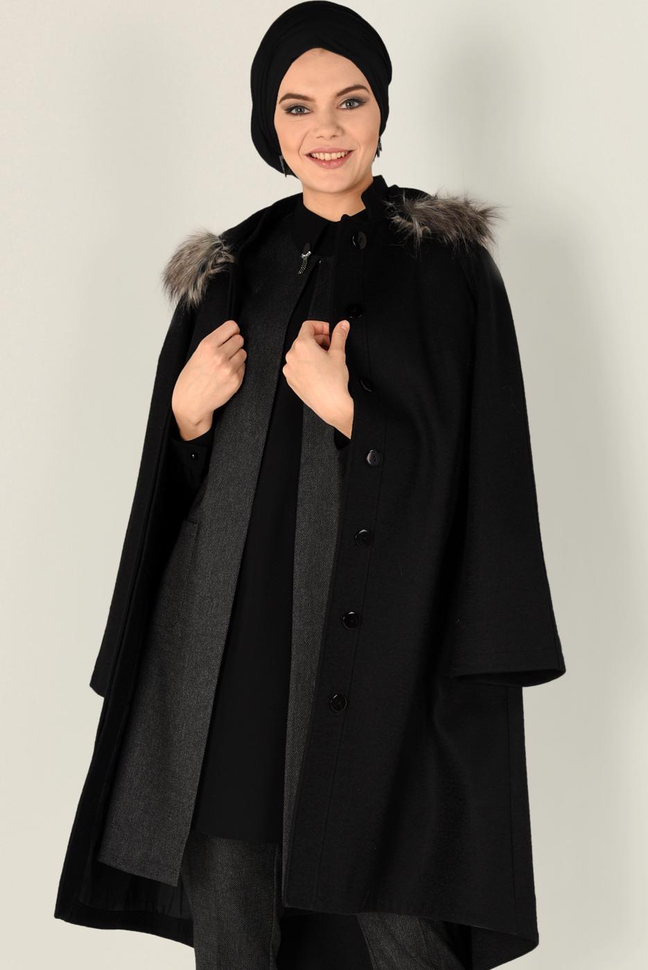 Tesettür giyim SİYAH BOYDAN DÜĞMELİ KAŞE KABAN 9819