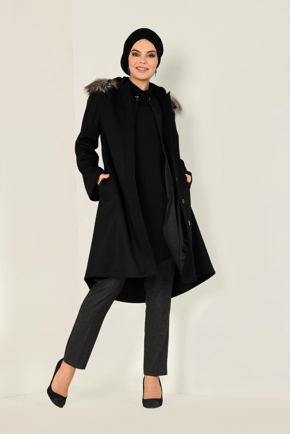 Tesettür giyim SİYAH BOYDAN DÜĞMELİ KAŞE KABAN 9819