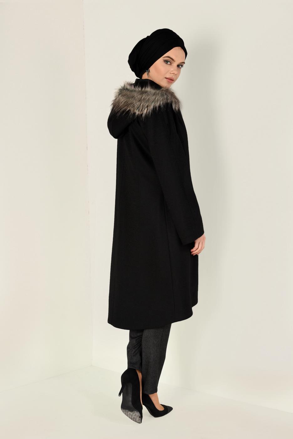 Tesettür giyim SİYAH BOYDAN DÜĞMELİ KAŞE KABAN 9819