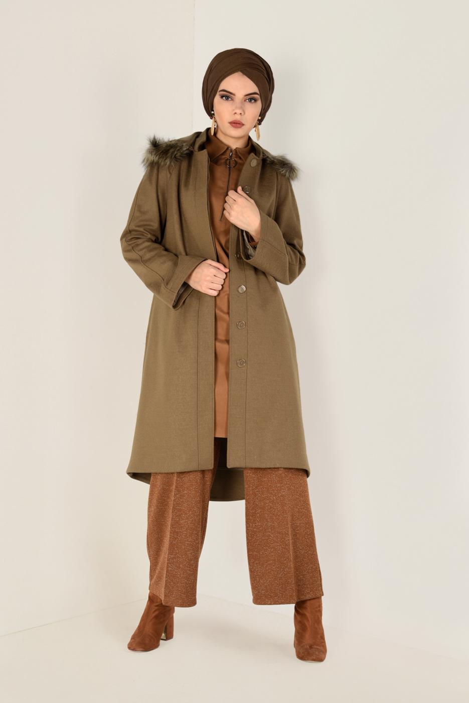 Tesettür giyim KAHVE BOYDAN DÜĞMELİ KAŞE KABAN 9819