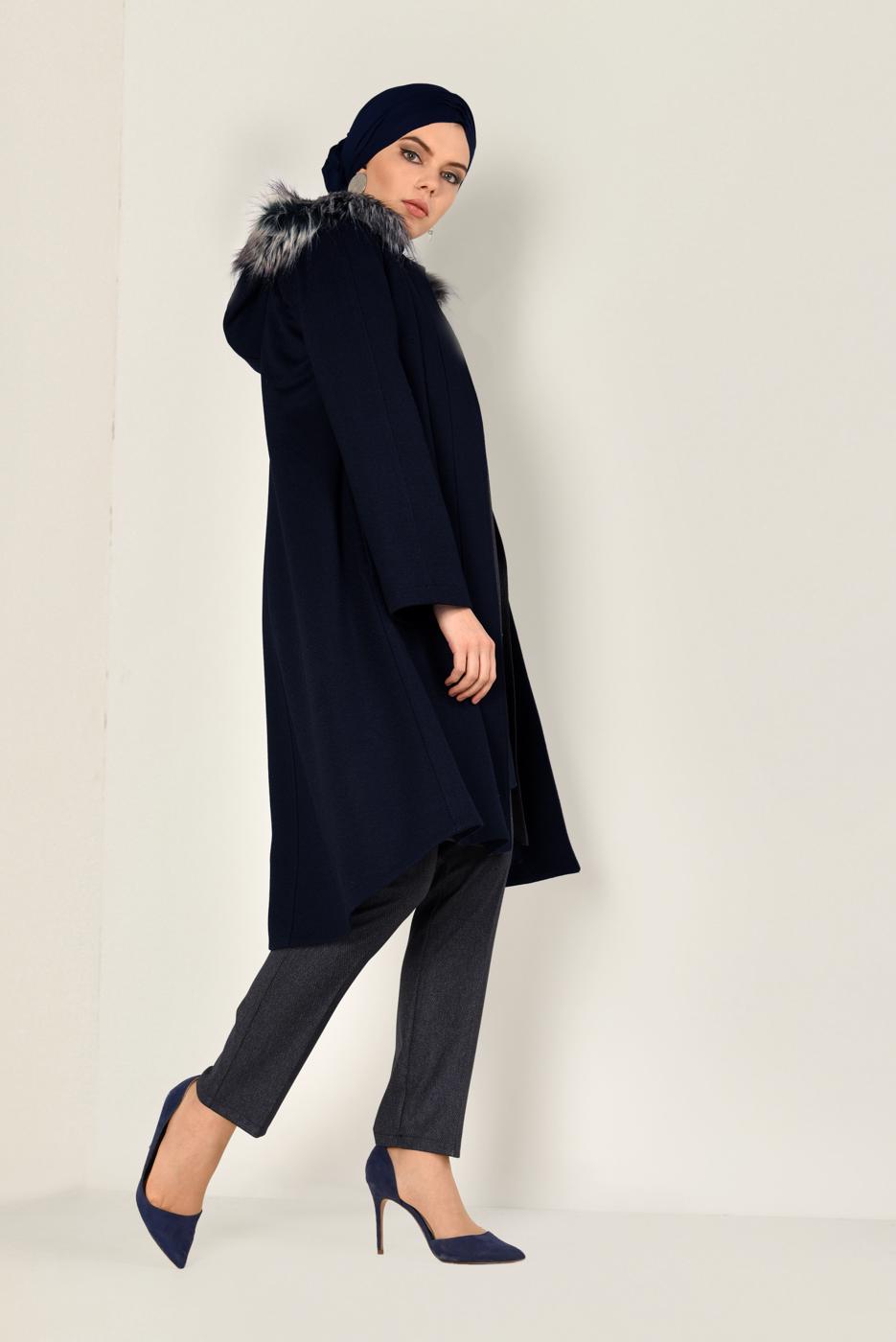 Tesettür giyim LACİVERT BOYDAN DÜĞMELİ KAŞE KABAN 9819