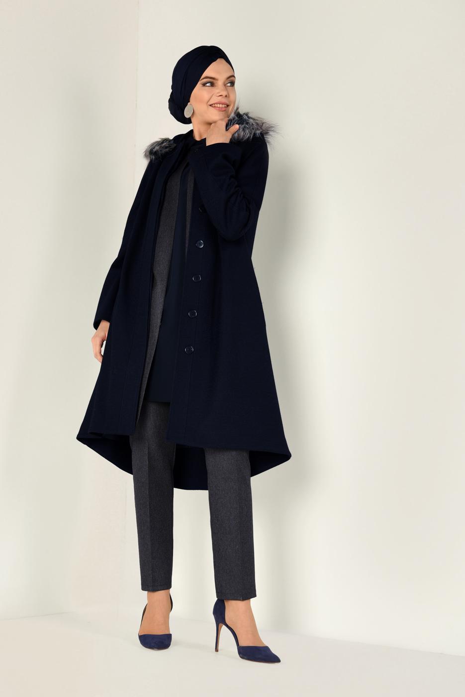 Tesettür giyim LACİVERT BOYDAN DÜĞMELİ KAŞE KABAN 9819