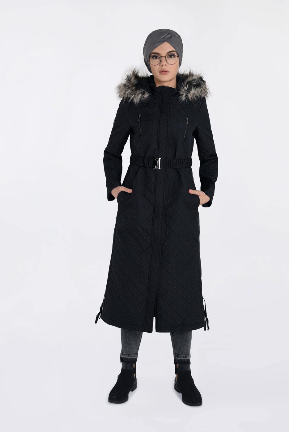 Tesettür giyim SİYAH BELDEN KEMERLİ GİZLİ FERMUARLI KABAN 9822