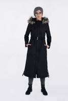 Tesettür giyim SİYAH BELDEN KEMERLİ GİZLİ FERMUARLI KABAN 9822