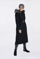 Tesettür giyim SİYAH BELDEN KEMERLİ GİZLİ FERMUARLI KABAN 9822