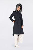 Tesettür giyim SİYAH KAPÜŞONU KÜRKLÜ KEMERLİ KABAN 9824