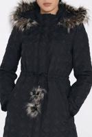 Tesettür giyim SİYAH KAPÜŞONU KÜRKLÜ YANLARI FERMUAR DETAYLI KABAN 9825