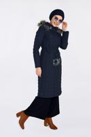 Tesettür giyim LACİVERT KAPÜŞONU KÜRKLÜ YANLARI FERMUAR DETAYLI KABAN 9825