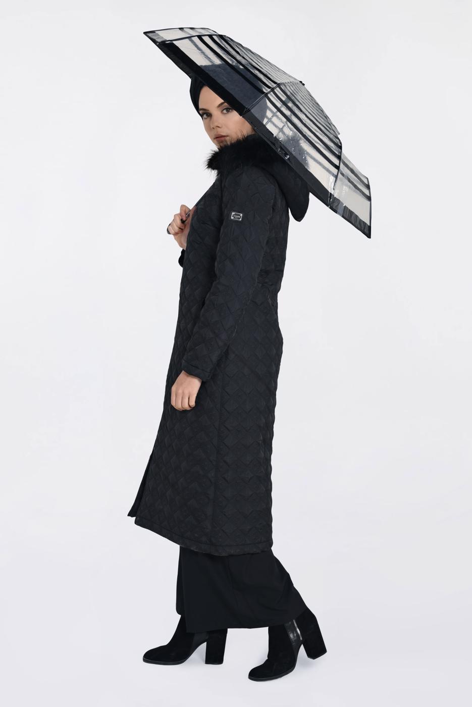 Tesettür giyim SİYAH KAPŞONU KÜRKLÜ FERMUARLI KABAN 9827