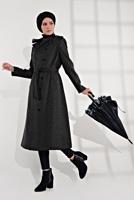 Tesettür giyim GRİ OMUZLARI APOLETLİ KRUVAZE KABAN 9832