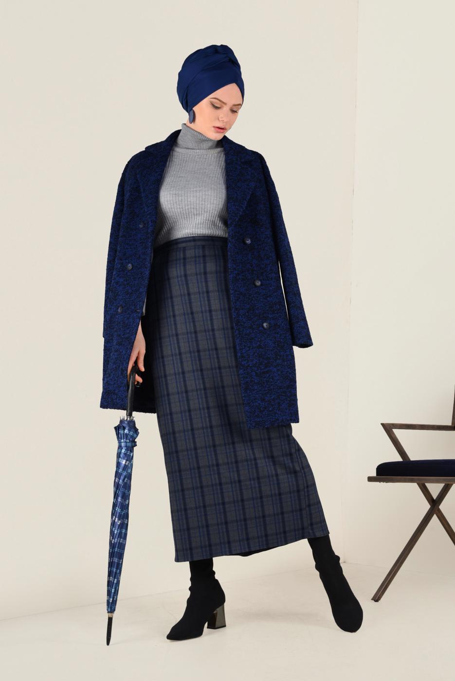 Tesettür giyim LACİVERT ALVİNA KRUVAZE KAŞE KABAN 9833