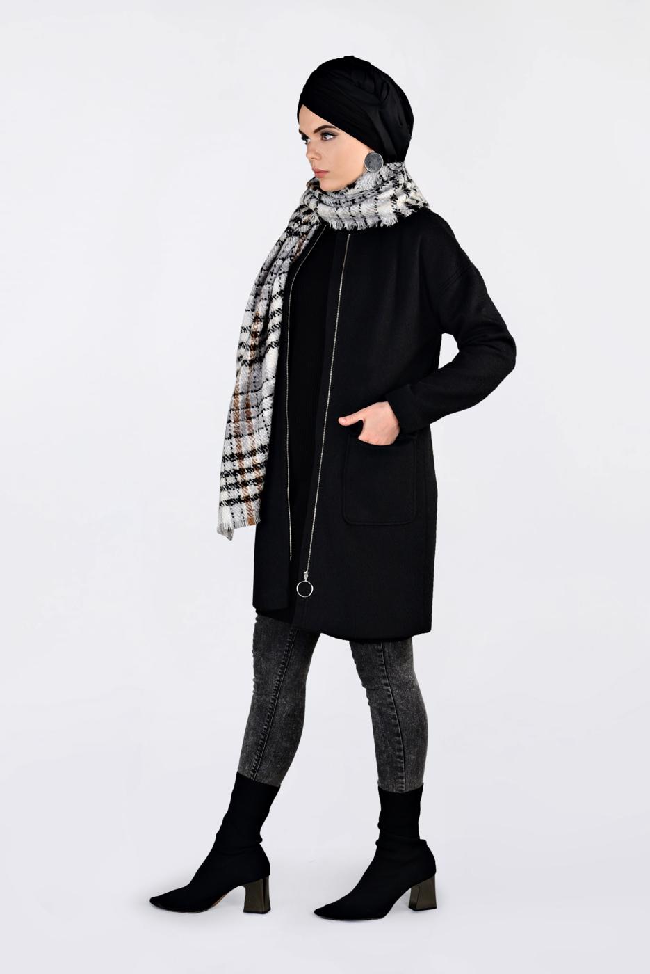 Tesettür giyim SİYAH ALVİNA BİSİKLET YAKA KAŞE KABAN 9835