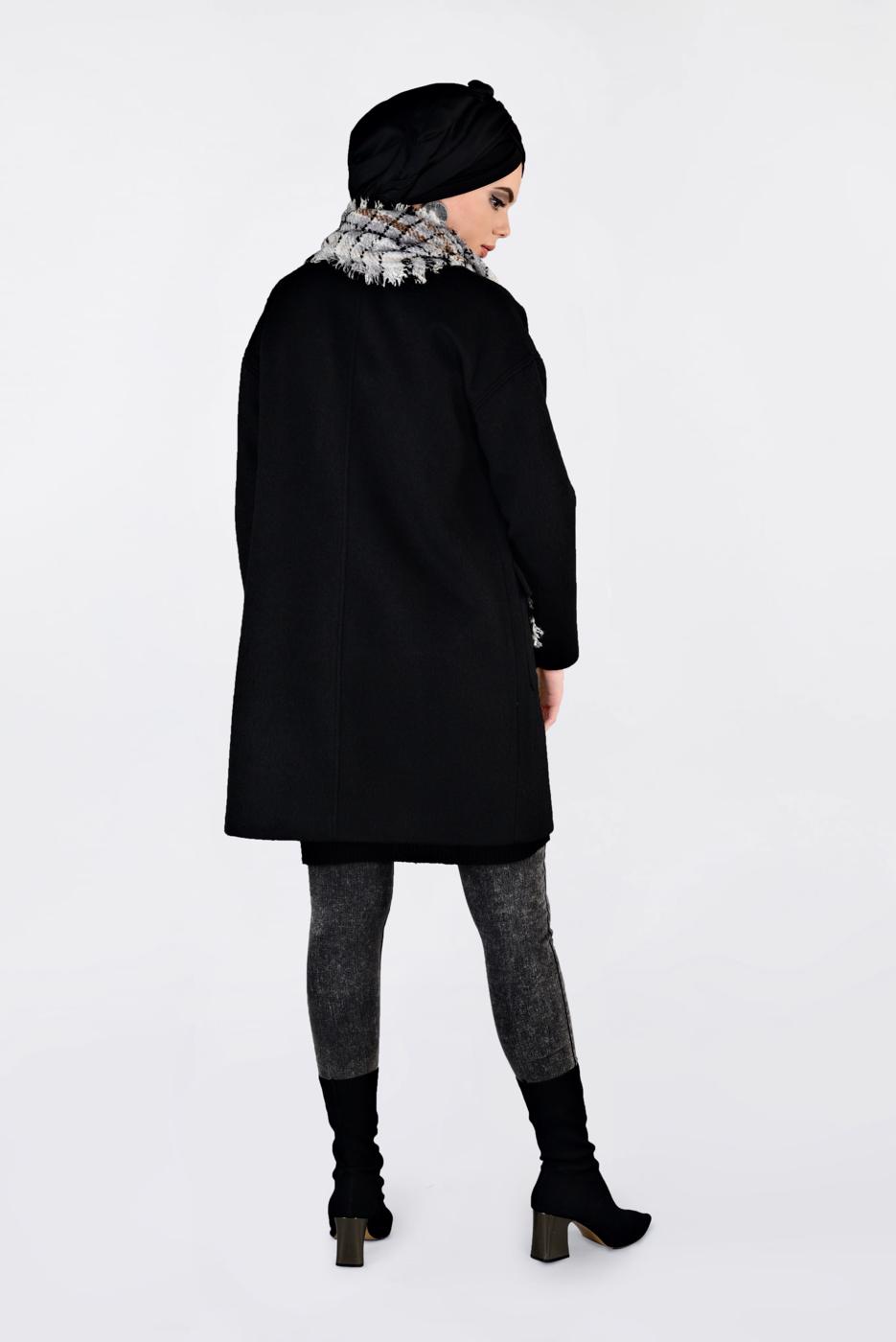 Tesettür giyim SİYAH ALVİNA BİSİKLET YAKA KAŞE KABAN 9835