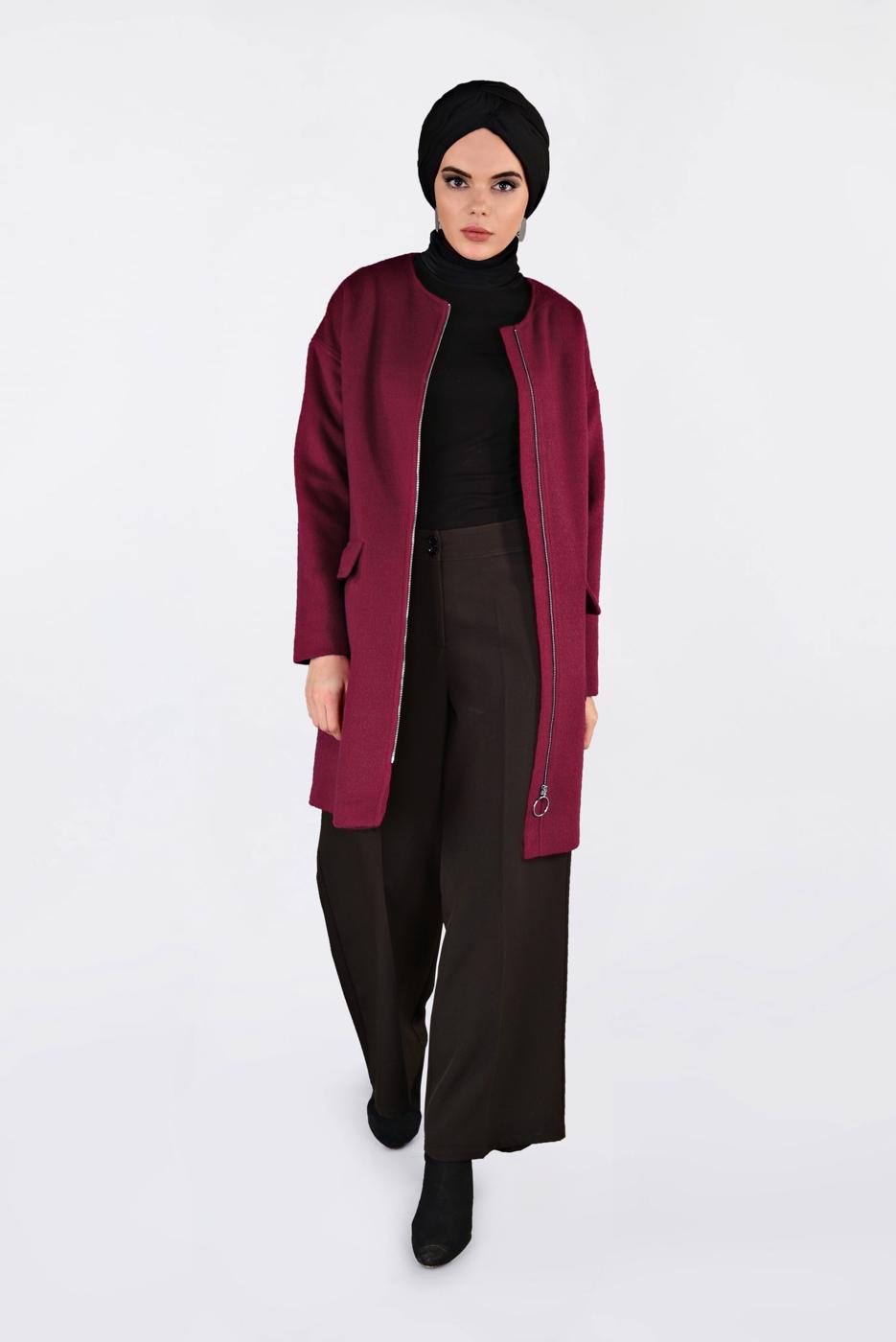 Tesettür giyim KIRMIZI ALVİNA BİSİKLET YAKA KAŞE KABAN 9835