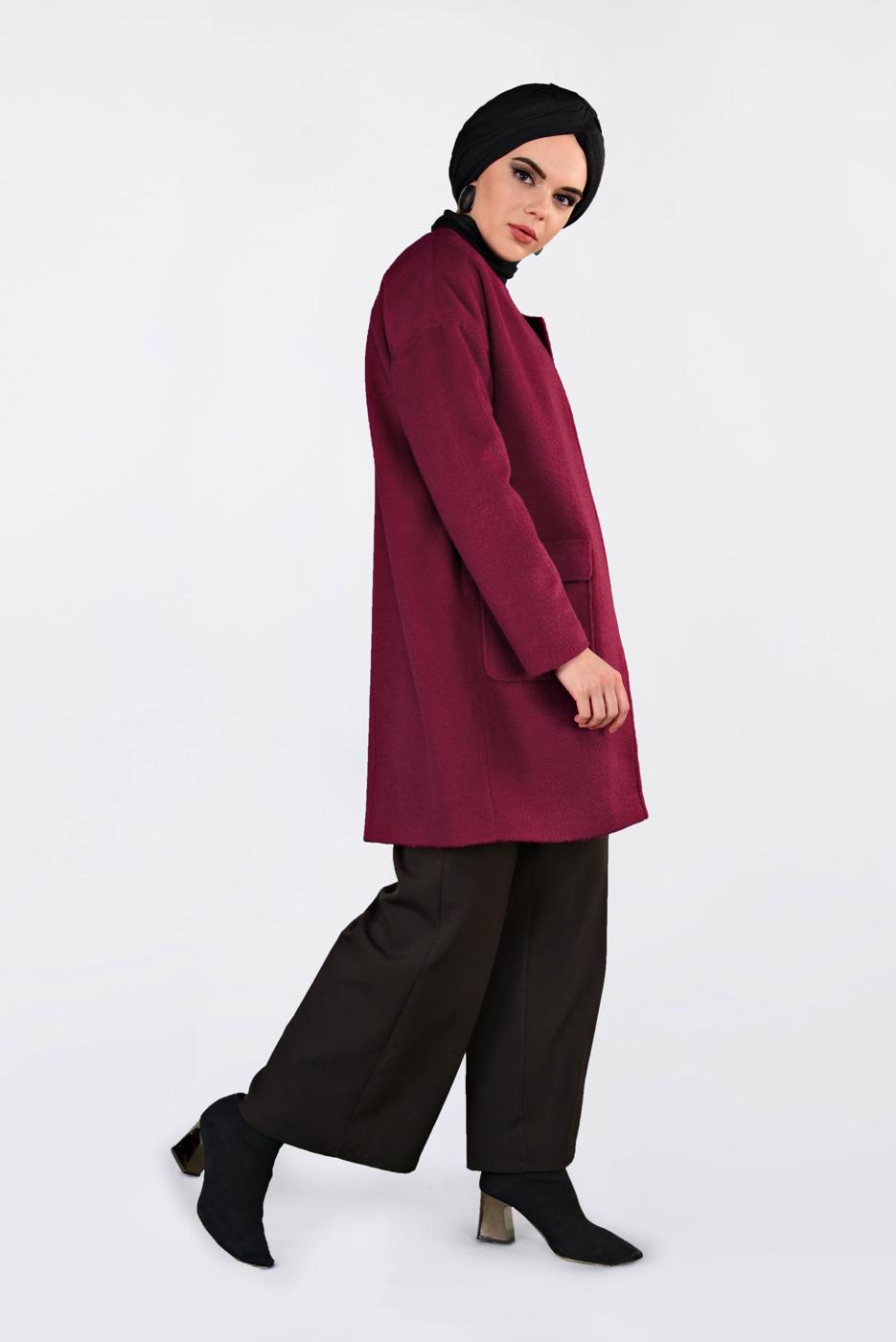 Tesettür giyim KIRMIZI ALVİNA BİSİKLET YAKA KAŞE KABAN 9835