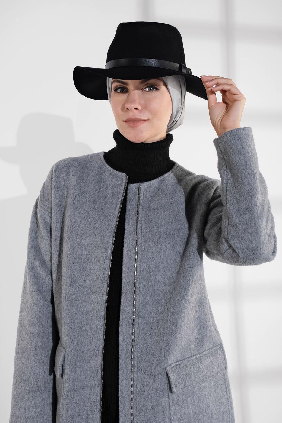 Tesettür giyim GRİ ALVİNA BİSİKLET YAKA KAŞE KABAN 9835