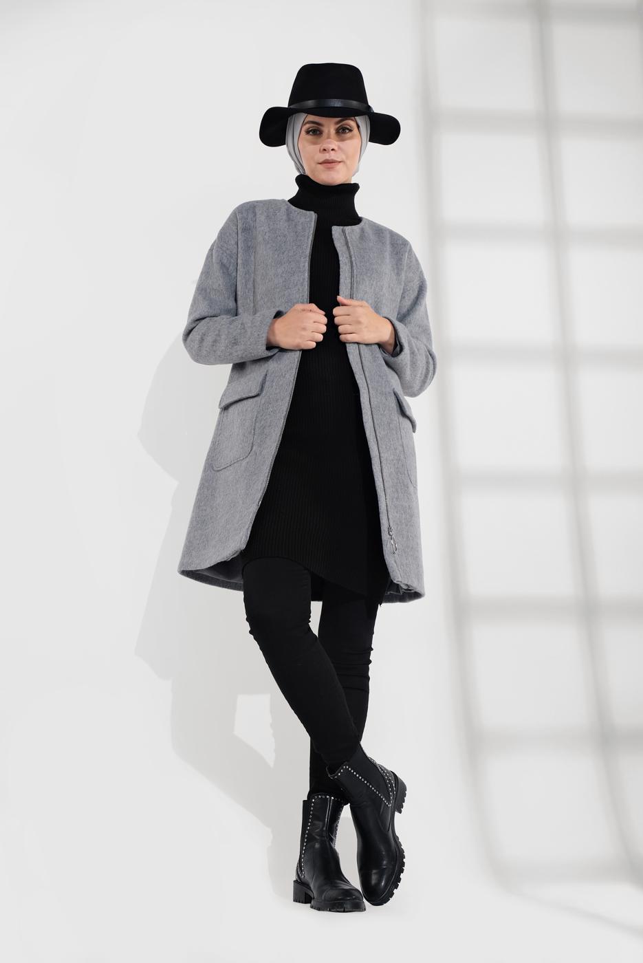 Tesettür giyim GRİ ALVİNA BİSİKLET YAKA KAŞE KABAN 9835