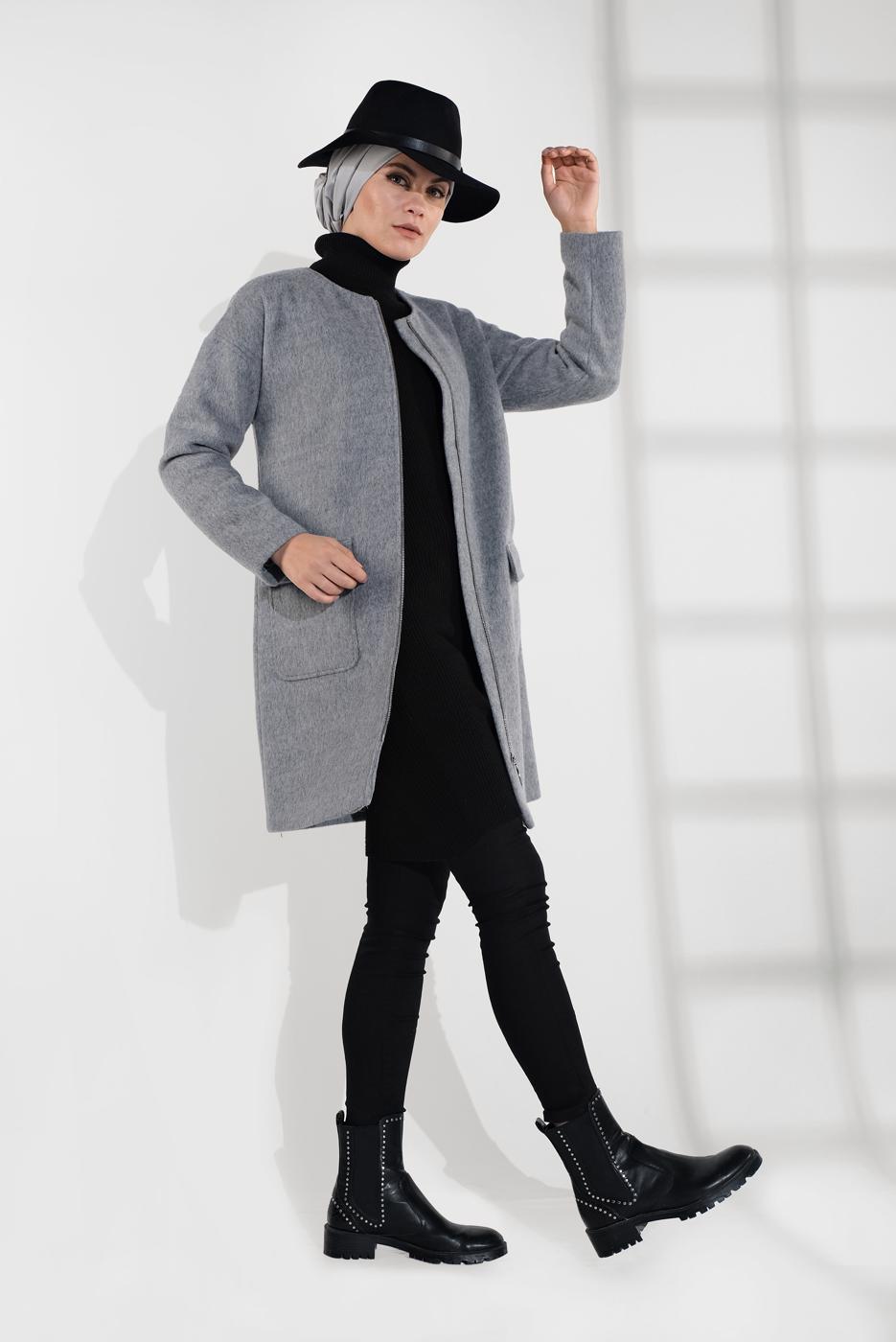 Tesettür giyim GRİ ALVİNA BİSİKLET YAKA KAŞE KABAN 9835