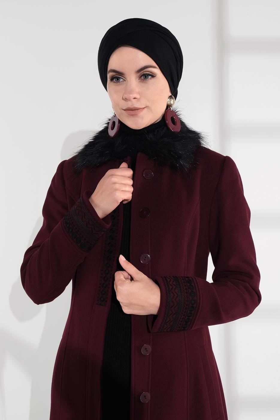 Hijab clothing CLARET RED FUR COLLAR EMBROIDERED COAT 9769 