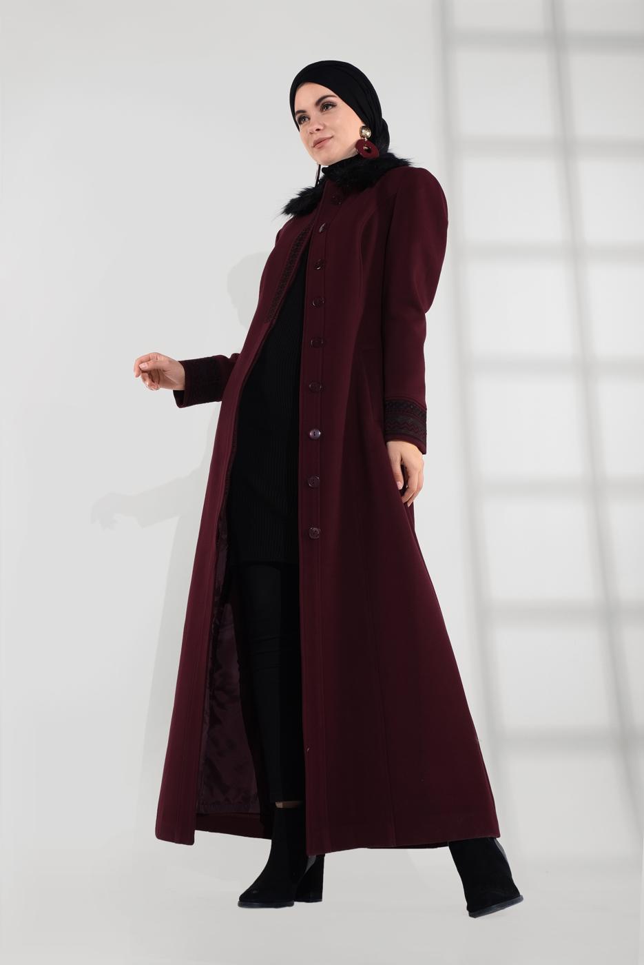 Hijab clothing CLARET RED FUR COLLAR EMBROIDERED COAT 9769 