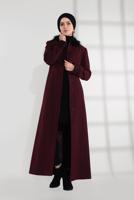 Hijab clothing CLARET RED FUR COLLAR EMBROIDERED COAT 9769 