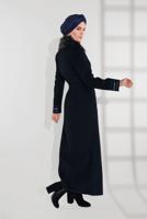 Hijab clothing NAVY BLUE FUR COLLAR EMBROIDERED COAT 9769 