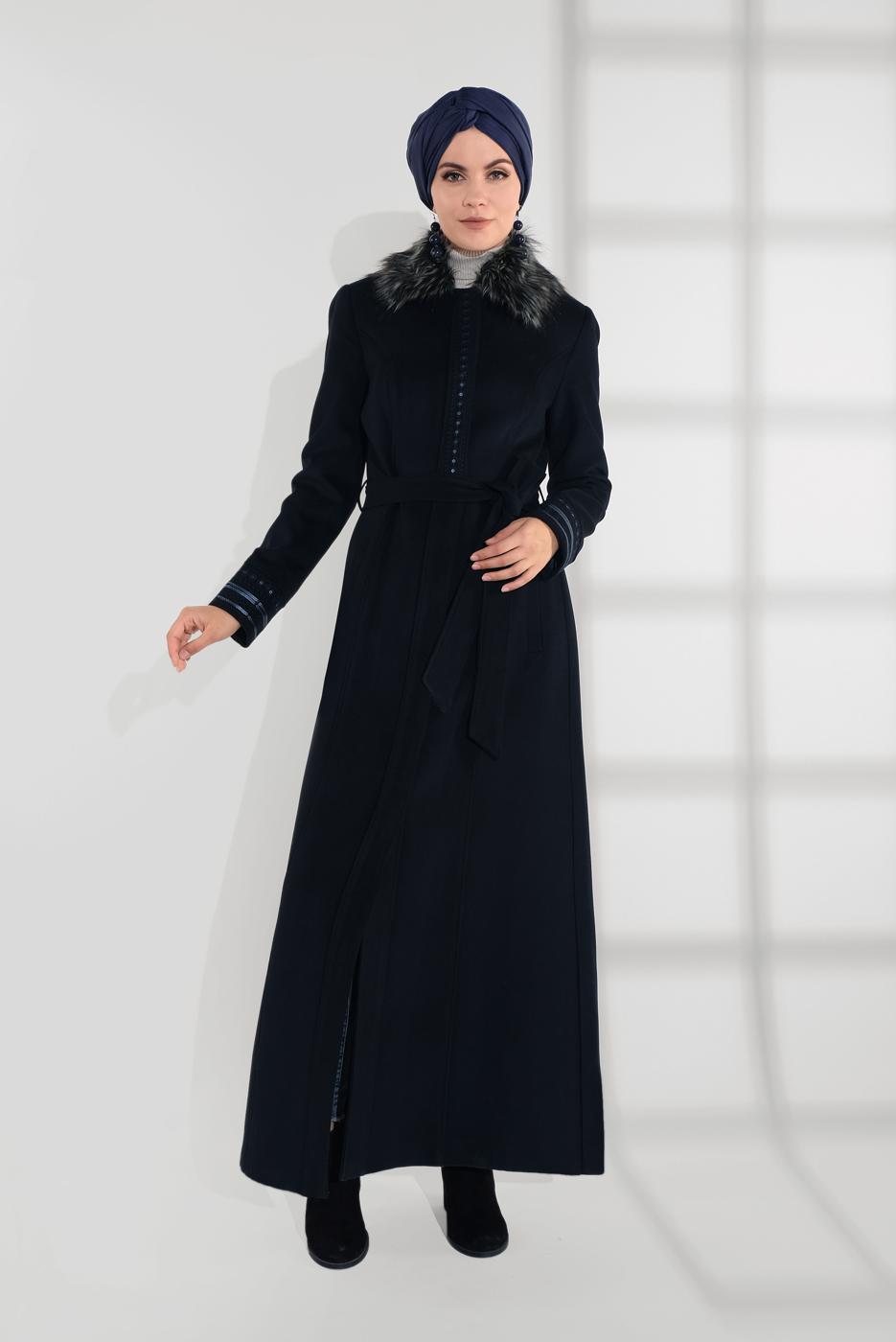 Hijab clothing NAVY BLUE FUR COLLAR EMBROIDERED COAT 9769 